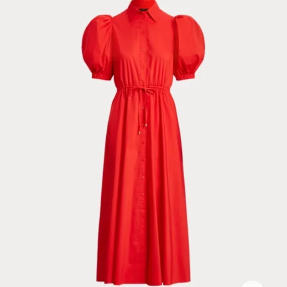 Cotton-Blend Puff-Sleeve Midi Dress